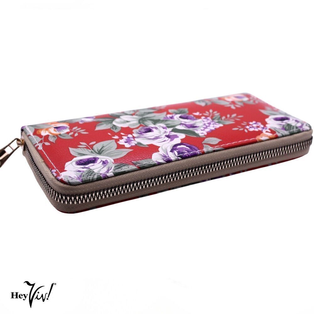 Red Rose Floral Print Zip Wallet Clutch Easy to Hold and Carry 8 x4" - Hey Viv - Picture 3 of 7